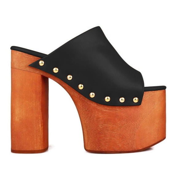 FSJ Women Open Round Toe Platform Clog Mules Studded Rivet Chunky Wooden Block High Heel Backless Summer Slide Sandals Size 14 Black