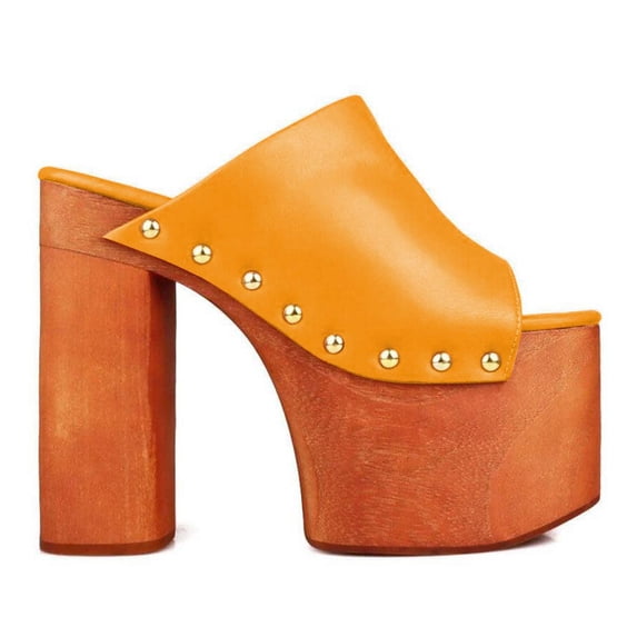FSJ Women Open Round Toe Platform Clog Mules Studded Rivet Chunky Wooden Block High Heel Backless Summer Slide Sandals Size 14 Orange