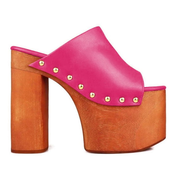 FSJ Women Open Round Toe Platform Clog Mules Studded Rivet Chunky Wooden Block High Heel Backless Summer Slide Sandals Size 5.5 Hot Pink
