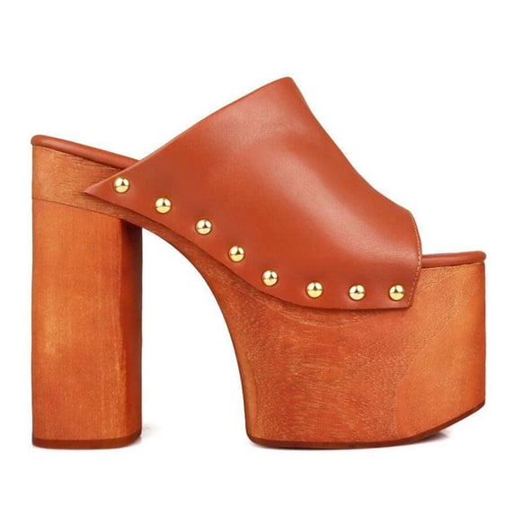 FSJ Women Open Round Toe Platform Clog Mules Studded Rivet Chunky Wooden Block High Heel Backless Summer Slide Sandals Size 8 Brown