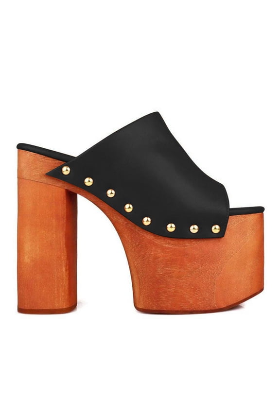 Women Open Round Toe Platform Clog Mules Studded Rivet Chunky Wooden Block High Heel Backless Summer Slide Sandals Size 9.5 Black