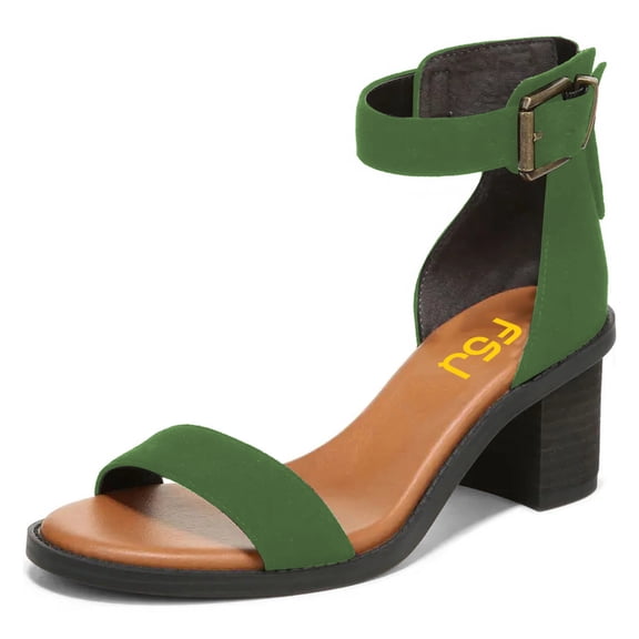 FSJ Women Open Round Toe Zipper Back Sandals Ankle Strap Low Stacked Block Heels Comfortable Daily Dress Retro Buckle Shoes Size 13 Green