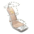 thumbnail image 1 of FSJ Women Open Square Toe Clear Strap Gladiator Sandals Studded Cross Strap Stiletto High Heels Sexy Cocktail Party Prom Shoes Size 9.5 Silver, 1 of 4