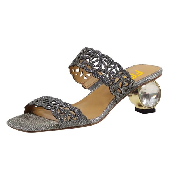 FSJ Women Open Square Toe Cutout Mules Double Strap Low Chunky Crystal Heels Dressy Evening Prom Slide Sandals Size 7.5 Dark Grey