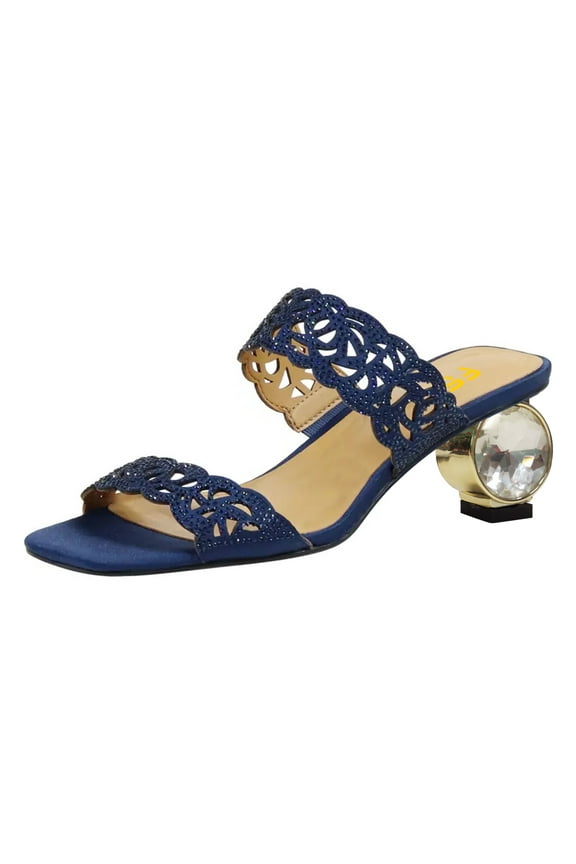 Women Open Square Toe Cutout Mules Double Strap Low Chunky Crystal Heels Dressy Evening Prom Slide Sandals Size 7 Navy