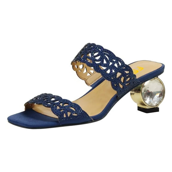 FSJ Women Open Square Toe Cutout Mules Double Strap Low Chunky Crystal Heels Dressy Evening Prom Slide Sandals Size 8 Navy