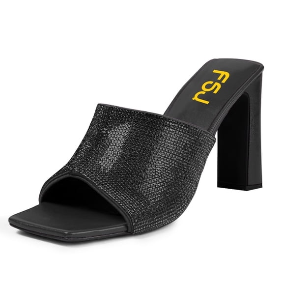 FSJ Women Open Square Toe Glitter Mule Heels Slip on High Chunky Heeled Sandals Shiny Summer Dressy Beach Slides Size 14 Black