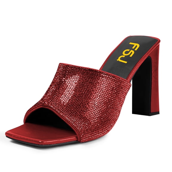 FSJ Women Open Square Toe Glitter Mule Heels Slip on High Chunky Heeled Sandals Shiny Summer Dressy Beach Slides Size 9 Red