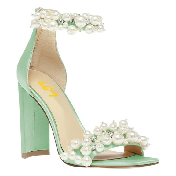 FSJ Women Open Square Toe Two Strap Pearls Sandals Back Zipper High Chunky Heels Summer Prom Wedding Shoes Size 4 Green