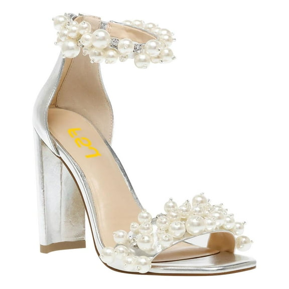 FSJ Women Open Square Toe Two Strap Pearls Sandals Back Zipper High Chunky Heels Summer Prom Wedding Shoes Size 7 Silver