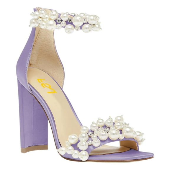FSJ Women Open Square Toe Two Strap Pearls Sandals Back Zipper High Chunky Heels Summer Prom Wedding Shoes Size 8 Purple