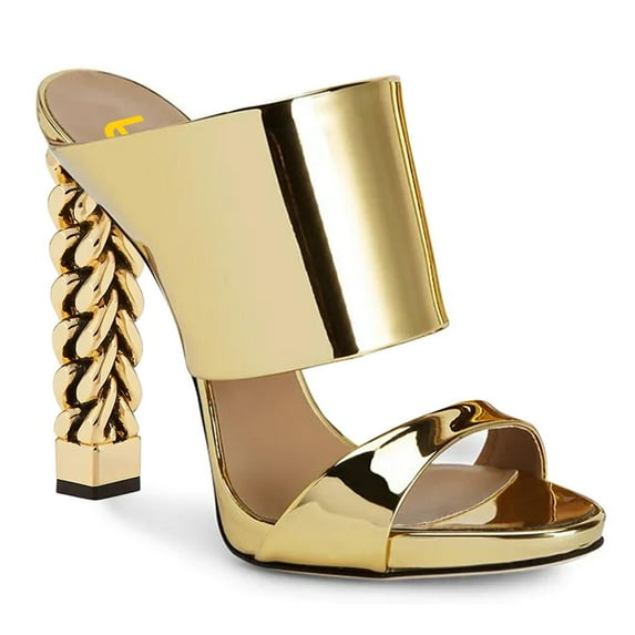 FSJ Women Open Toe Chain Chunky High Heel Sandals Double Strap Slip on Mules Sexy Prom Evening Dressy Shoes Size 15 Gold