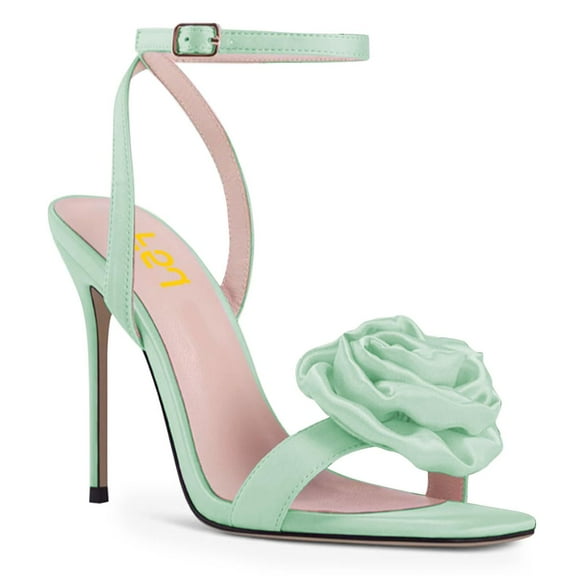 FSJ Women Open Toe Flower Sandals Ankle Buckle Strap Stiletto High Heels Charming Dressy Bridal Shoes Size 8 Green