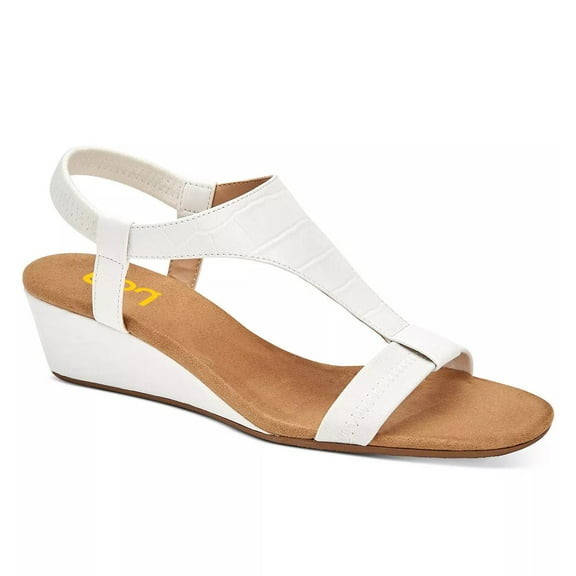 FSJ Women Open Toe Low Wedge Heels T-Strap Padded Sole Ankle Strap Sandals Casual Dress Summer Beach Shoes Size 8.5 White Stone