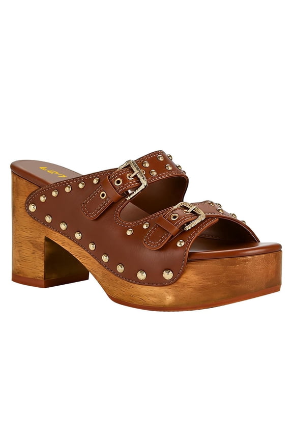 Women Open Toe Platform Sandals Wooden Chunky Mid Heel Slides Double Buckle Straps Rivet Studded Shoes Size 8.5 Brown