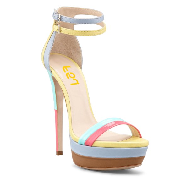 FSJ Women Open Toe Platform Stiletto High Heels Ankle Strap Double Buckle Sandals Sexy Party Formal Shoes Size 6.5 Multi-Yellow
