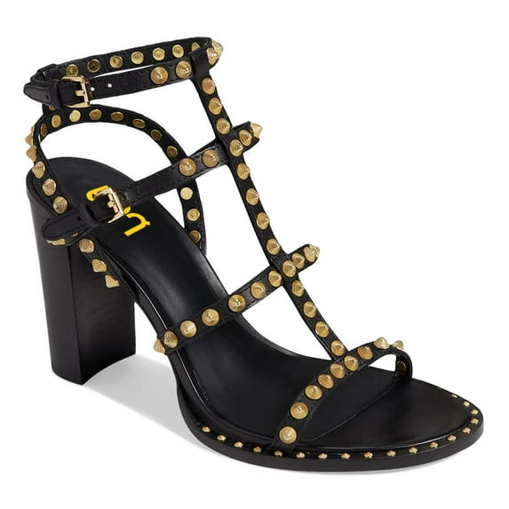 FSJ Women Open Toe Studded Rivets Gladiator Sandals Ankle Strap Buckle Chunky High Heels Cocktail Party Fashion Dressy Shoes Size 16 Black