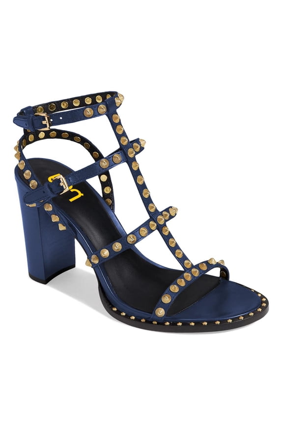 Women Open Toe Studded Rivets Gladiator Sandals Ankle Strap Buckle Chunky High Heels Cocktail Party Fashion Dressy Shoes Size 9 Blue