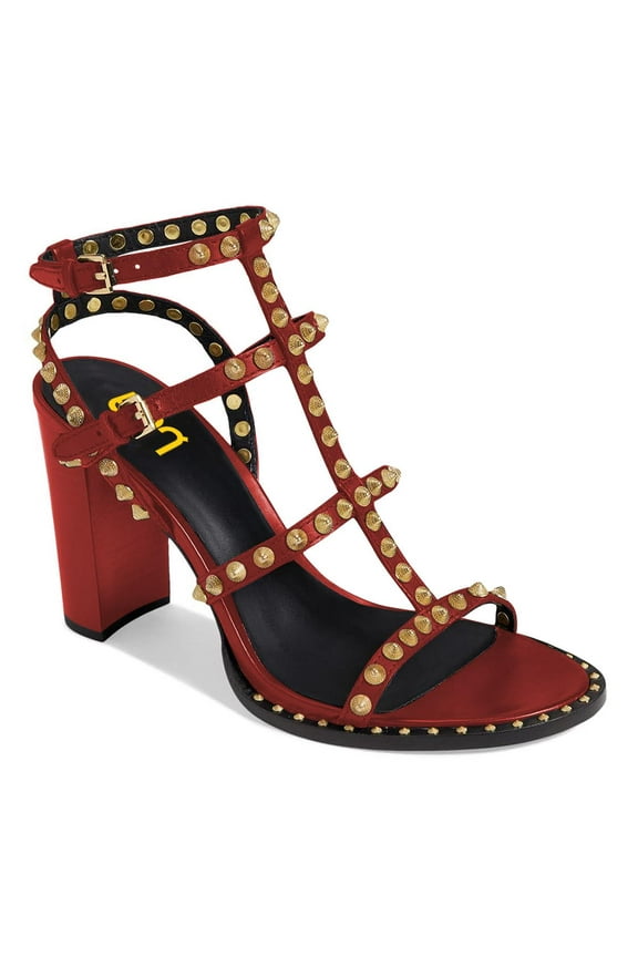 Women Open Toe Studded Rivets Gladiator Sandals Ankle Strap Buckle Chunky High Heels Cocktail Party Fashion Dressy Shoes Size 9 Red