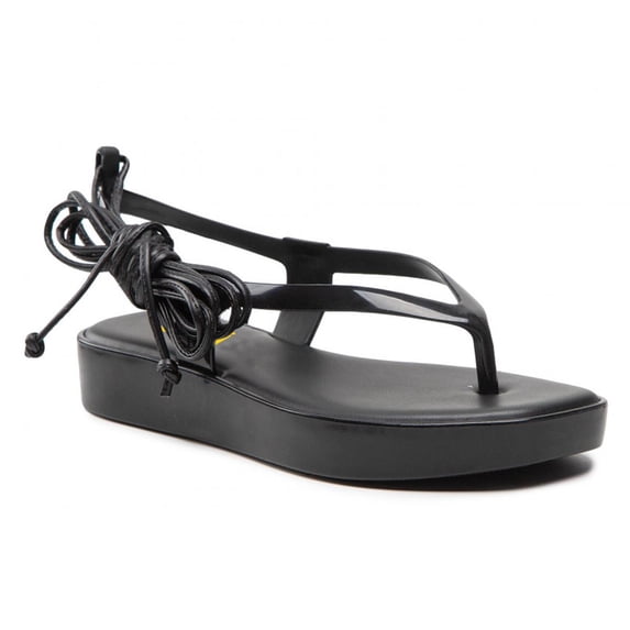 FSJ Women Open Toe Thong Sandals Flatform Ankle Strap Lace up Sandals Summer Beach Outdoor Shoes Size 13 Black