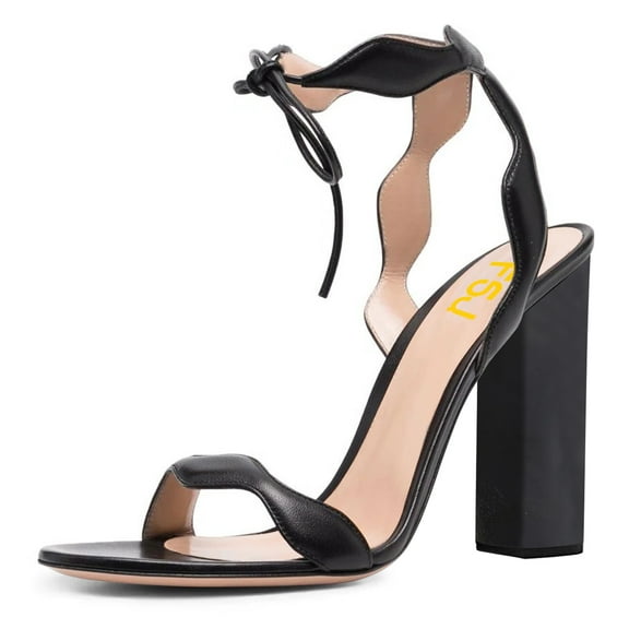 FSJ Women Open Toe Wavy Edge Strappy Sandals Ankle Strap Chunky Block High Heels Lace up Party Date Office Shoes Size 8.5 Black