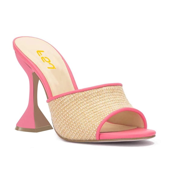 FSJ Women Open Toe Woven Wide Strap Slide Sandals Slip on High Spool Heel Mules Backless Shopping Daily Dressy Shoes Size 14 Pink