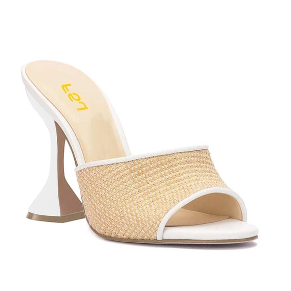 FSJ Women Open Toe Woven Wide Strap Slide Sandals Slip on High Spool Heel Mules Backless Shopping Daily Dressy Shoes Size 9 White