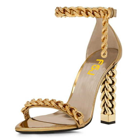 FSJ Women Ornamental Chains Open Almond Toe Sandals Ankle Strap Metal Block High Heels Shiny Party Date Night Club Shoes Size 8.5 Gold