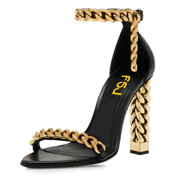 FSJ Women Ornamental Chains Open Almond Toe Sandals Ankle Strap Metal Block High Heels Shiny Party Date Night Club Shoes Size 9 Black
