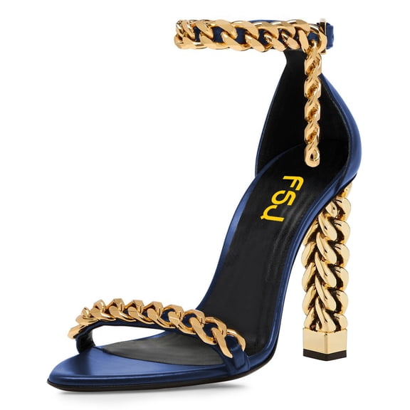 FSJ Women Ornamental Chains Open Almond Toe Sandals Ankle Strap Metal Block High Heels Shiny Party Date Night Club Shoes Size 9 Blue
