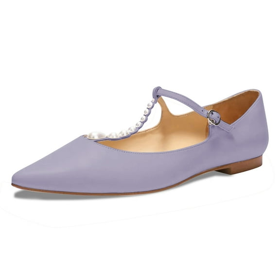 FSJ Women Pearl Studded T-Strap Ballet Shoes Pointy Toe Strap Buckle Flats Comfortable Dressy Work Low Heels Size 6 Purple