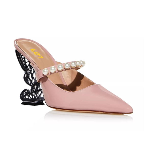 FSJ Women Pearls Strap Pointed Toe Mules Slip on Butterfly High Chunky Heeled Sandals Prom Dressy Backless Pumps Size 10.5 Nude Pink