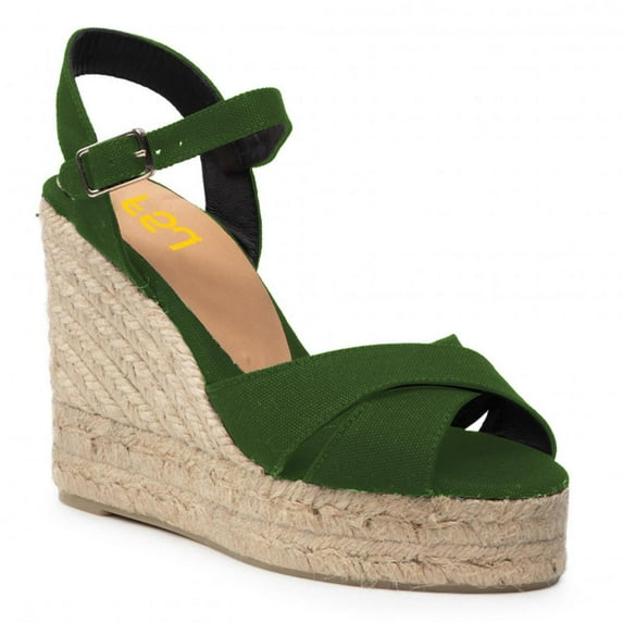 FSJ Women Peep Round Toe Espadrille Wedge High Heels Cross Strap Buckled Platform Sandals Summer Date Casual Dress Shoes Size 4 Green