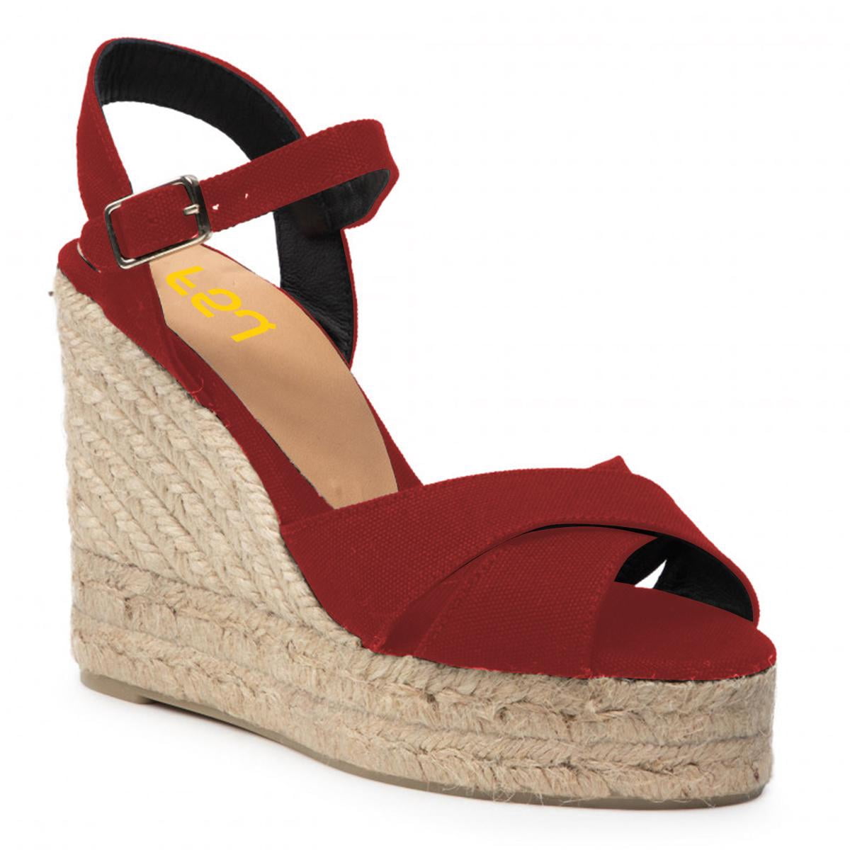 FSJ Women Peep Round Toe Espadrille Wedge High Heels Cross Strap ...
