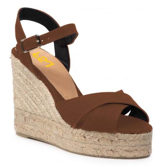 FSJ Women Peep Round Toe Espadrille Wedge High Heels Cross Strap Buckled Platform Sandals Summer Date Casual Dress Shoes Size 8 Brown