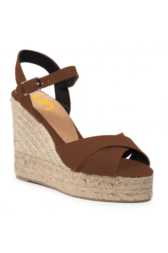 Women Peep Round Toe Espadrille Wedge High Heels Cross Strap Buckled Platform Sandals Summer Date Casual Dress Shoes Size 9 Brown