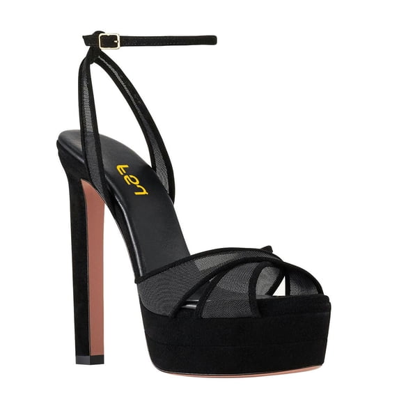 FSJ Women Peep Toe Platform Sandals Ankle Strap Chunky Block High Heel Buckled Classic Bridal Cocktail Shoes Size 8 Black Mesh