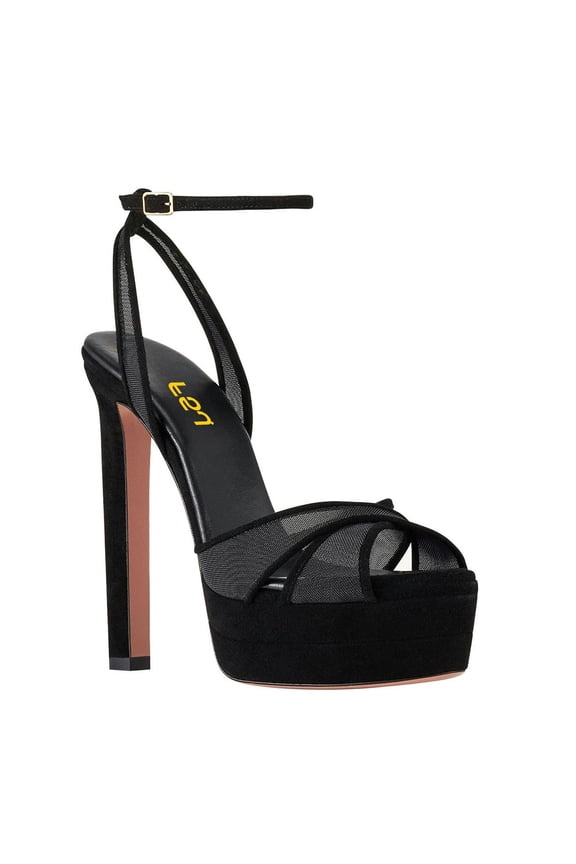 Women Peep Toe Platform Sandals Ankle Strap Chunky Block High Heel Buckled Classic Bridal Cocktail Shoes Size 8 Black Mesh