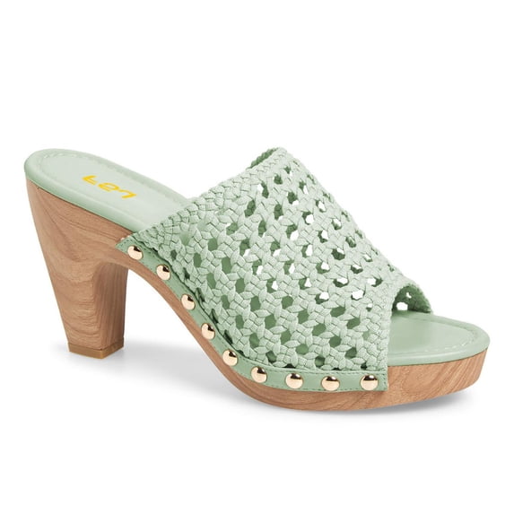 FSJ Women Platform Chunky Heel Sandals Braided Open Toe Slip On Wide Band Wooden Block Mules Shoes Size 8 Light Green