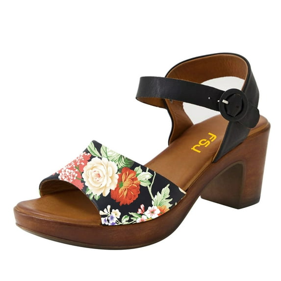 FSJ Women Platform Chunky Heel Sandals Wooden Block Heel Comfortable Open Toe Ankle Strap Wide Band Mid Heel Party Date Night Dance Shoes Size 6.5 Multicolor