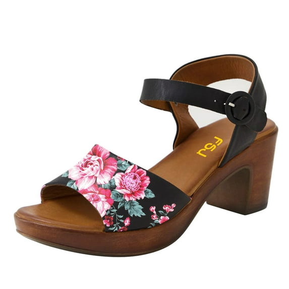 FSJ Women Platform Chunky Heel Sandals Wooden Block Heel Comfortable Open Toe Ankle Strap Wide Band Mid Heel Party Date Night Dance Shoes Size 8 Multicolor