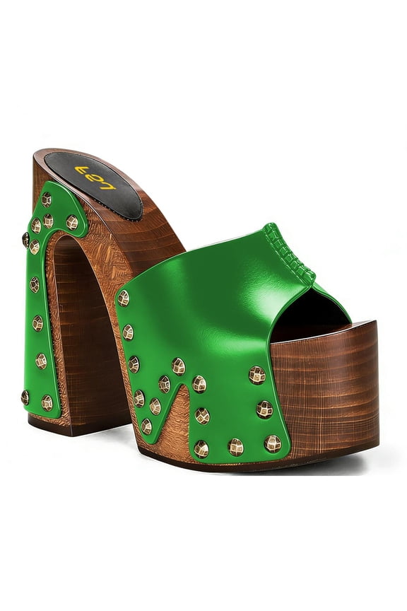Women Platform Clogs Mules Open Toe Wooden Block High Heel Sandals Rivet Studded Chunky Slides Size 10.5 Green