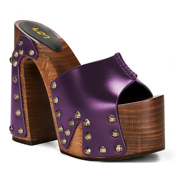 FSJ Women Platform Clogs Mules Open Toe Wooden Block High Heel Sandals Rivet Studded Chunky Slides Size 10 Purple