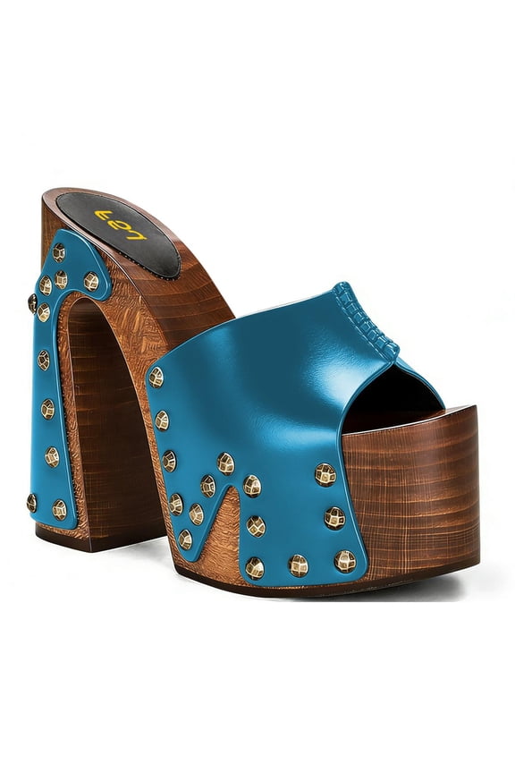 Women Platform Clogs Mules Open Toe Wooden Block High Heel Sandals Rivet Studded Chunky Slides Size 12 Blue