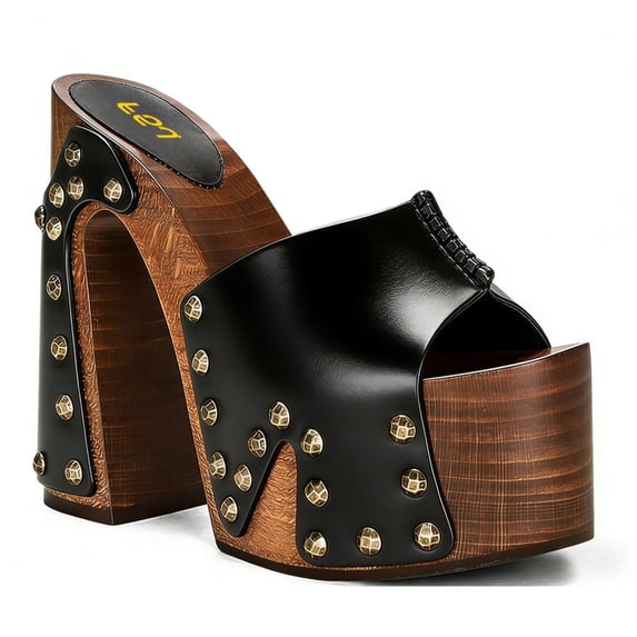 FSJ Women Platform Clogs Mules Open Toe Wooden Block High Heel Sandals Rivet Studded Chunky Slides Size 4 Black