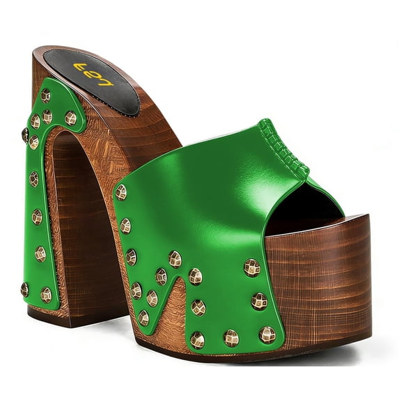 FSJ Women Platform Clogs Mules Open Toe Wooden Block High Heel Sandals Rivet Studded Chunky Slides Size 4 Green