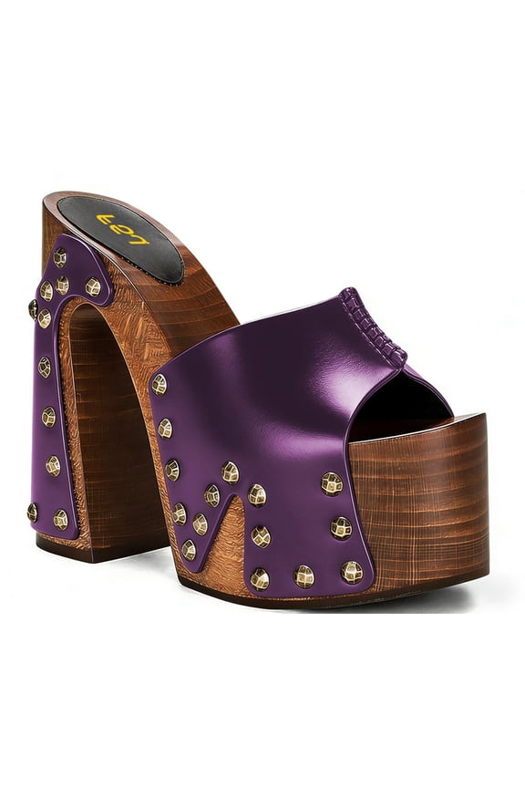 Women Platform Clogs Mules Open Toe Wooden Block High Heel Sandals Rivet Studded Chunky Slides Size 4 Purple