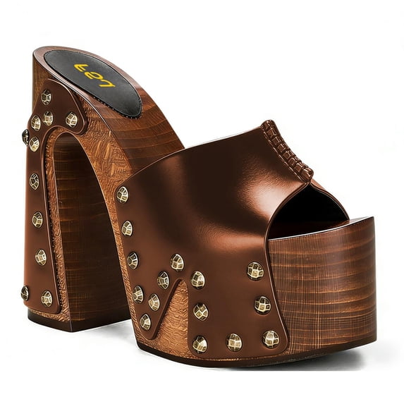 FSJ Women Platform Clogs Mules Open Toe Wooden Block High Heel Sandals Rivet Studded Chunky Slides Size 5.5 Brown