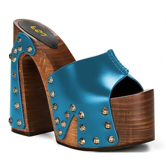 FSJ Women Platform Clogs Mules Open Toe Wooden Block High Heel Sandals Rivet Studded Chunky Slides Size 6.5 Blue
