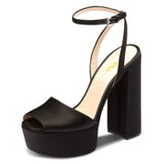 FSJ Women Platform Heels Ankle Strap Chunky Heeled Sandals Open Peep Toe Sexy Pumps for Wedding Party Size 12 Black